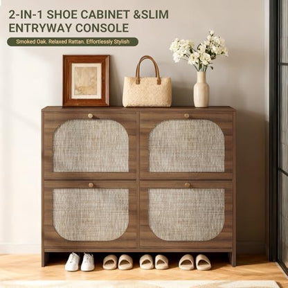 Freestanding Ultra Slim Fluted Accent Shoe Storage Cabinet for Entryway