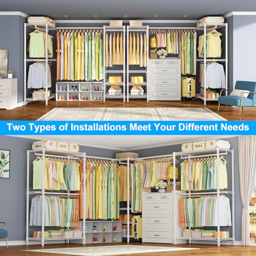 E10L L Shaped Clothes Rack for Corner（With Expandable Hanger Rod）Heavy Duty Freestanding Clothing Racks for Hanging Clothes