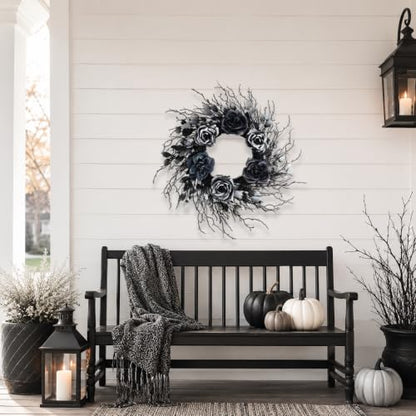 22 Inch Black and Silver Halloween Wreath with 40 Orange LEDs