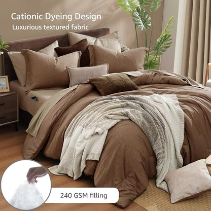 Queen Comforter Set 7 Pieces Brown Cationic Dyeing Bed in a Bag