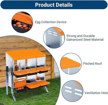 Chicken Nesting Box, 6-Compartment Egg Laying Box, Convenient for Collecting Eggs, Ventilated Poultry House Equipment in Metal Chicken Coop, Suitable for Hens and Ducks, (Orange, with Stand)