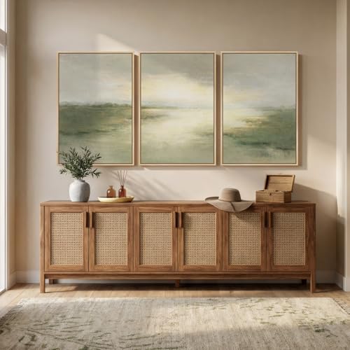Large Framed Sage Green Abstract Landscape Wall Art for Living Room (3 Count)
