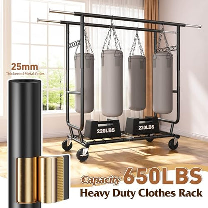 Clothing Rack 650LBS Heavy Duty Collapsible Double Rods Shelves