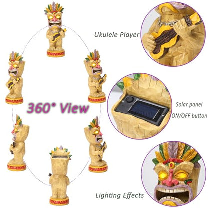 Solar Tiki Garden Statue with LED Eyes Outdoor Resin Ukulele Player Yard Decor Solar Light Hawaiian Style Lawn Ornament for Patio Porch Tiki Bar Decor Best Gift for Tiki Lovers