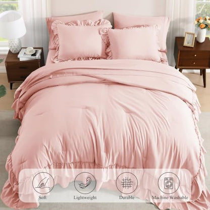 King Size Comforter Set Rosewater Ruffle 7 Pieces Farmhouse Bed in a Bag