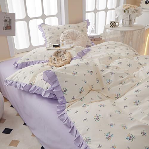 Ruffle Comforter Set Queen Vintage Purple Floral Bedding Comforter 3 Pieces Coquette Bedding Flowers Cottagecore Comforter Set with 2 Pillowcases Fluffy Soft Aesthetic Flower Bedding Set with Lace