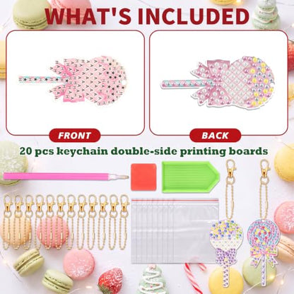 20 Pcs Christmas Macaron Candy Diamond Painting Keychain Kits 5d DIY Diamond Art Pendants Double Sided Hanging Key Chains for Christmas Party Decoration DIY (20 Count)