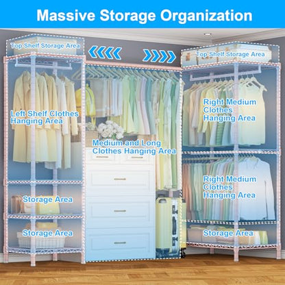E10L L Shaped Clothes Rack for Corner（With Expandable Hanger Rod）Heavy Duty Freestanding Clothing Racks for Hanging Clothes