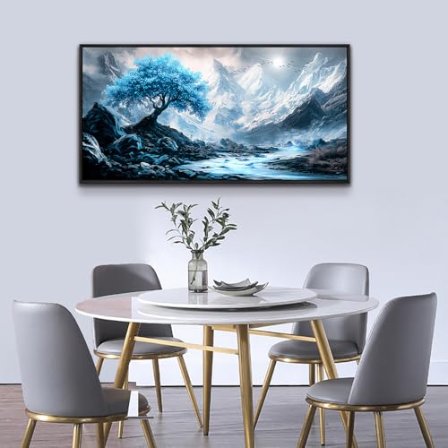 Large Black Framed Wall Decor For Living Room Canvas Wall Art For Office Modern Wall Decorations For Bedroom Blue Tree Landscape Paintings Aesthetic Pictures Artwork Home Decor 24x48 In