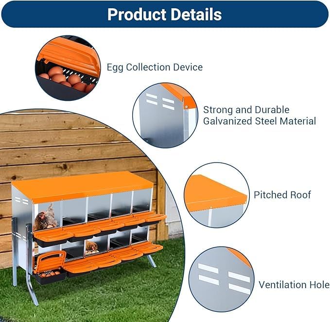 Chicken Nesting Box, 10-Compartment Egg Laying Box, Convenient for Collecting Eggs, Ventilated Poultry House Equipment in Metal Chicken Coop, Suitable for Hens and Ducks, (Orange, with Stand)