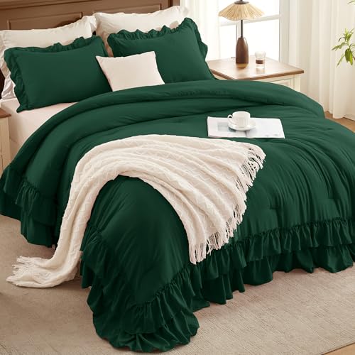 Dark Green Twin Size Ruffle Comforter Set