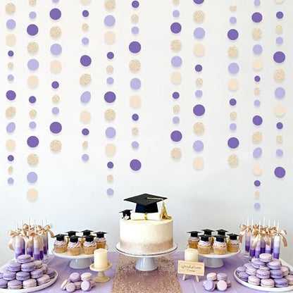 Champagne Gold Purple Cream Nude Polka Dots Garland Lavender Hanging Paper Circle Dot Streamer for Birthday Wedding Shower Engagement Bridal Shower Lilac Violet Theme Party Decorations Supplies