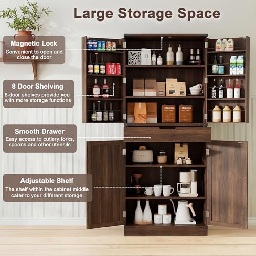 72" Kitchen Pantry Storage Cabinet with Doors and Shelves