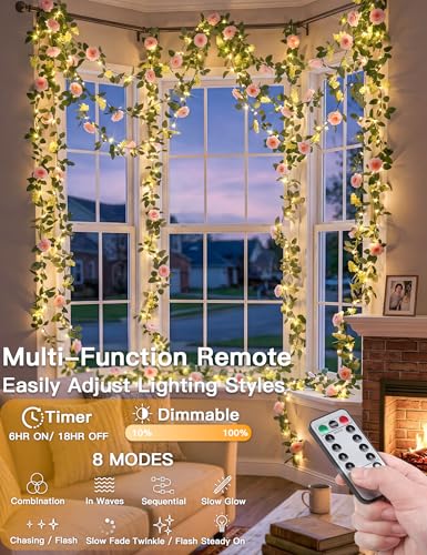 60LED Garland with Pink Camellia Lights Battery Operated Clear Wire