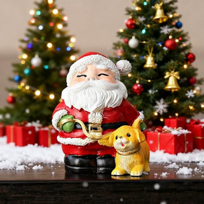 Christmas Santa Claus Figurine Xmas Table Ornaments Funny Statue Artificial Stone Material Sculpture Claus Walking a Dog Statue Christmas Decor for Birthday Party Gift Winter Home Holiday Decor