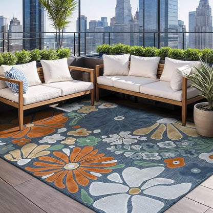 Outdoor Rug 10x14 Large Modern Floral Tropical Area Rugs for Outdoor and Indoor Patio Easy to Clean Non Shedding Living Room Porch Garden Washable Outside Carpet (140 Sq Ft)