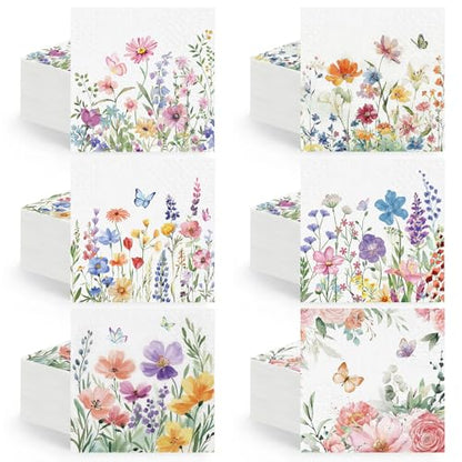 150 Pcs 5 x 5 Inches Wildflower Floral Paper Napkins for Decoupage Disposable Cocktail Napkins Decorative Guest Hand Paper for Picnic Bathroom Wedding Shower Birthday Tea Party (150 Count)