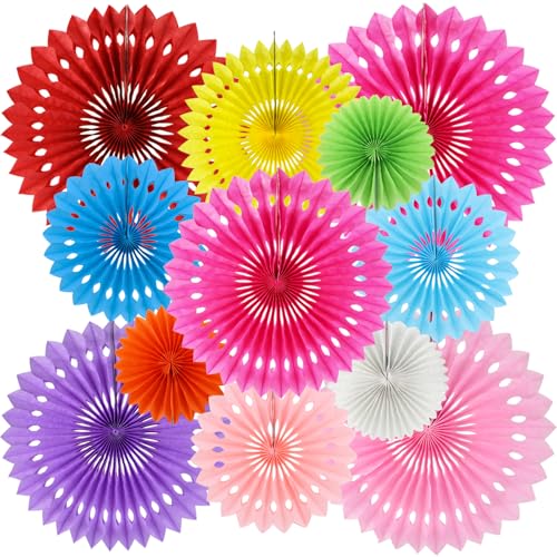 Honeycomb Round Paper Fans Rainbow Hanging Party Decoration (12 Count)