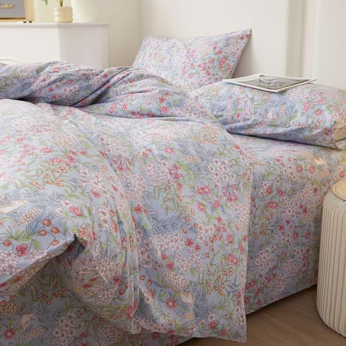 Blue Floral Queen Comforter Set Vintage Botanical Flowers Bedding Set