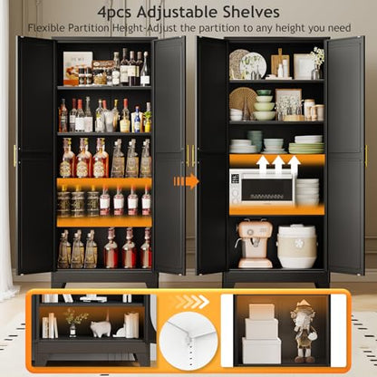 71" Tall Metal Pantry Storage Cabinet with Doors and 4 Adjustable Shelves