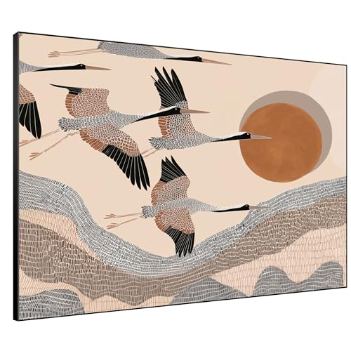 60"x72" Extra Large Framed Wall Art Flying Cranes Over Sunlit Hills Illustration for Home Living Room Bedroom Decor