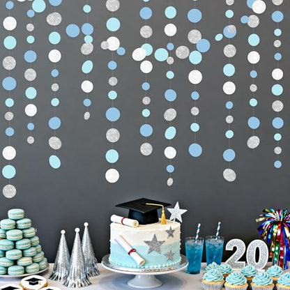 Dusty Blue Silver White Polka Dots Garland Hanging Paper Circle Dot Streamer for Nautical Birthday Wedding Engagement Bridal Shower Retirement Graduation Hen Party Decorations Supplies