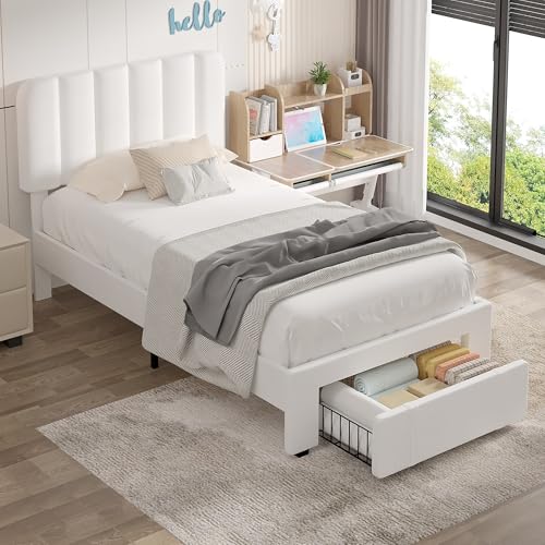 Twin Size Upholstered Bed Frame with Drawer and Headboard