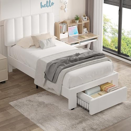 Twin Size Upholstered Bed Frame with Drawer and Headboard
