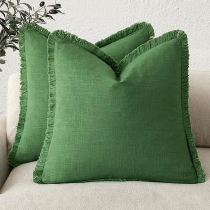 Decorative Linen Fringe Throw Pillow Covers 18×18 Forest Green (4 Count)