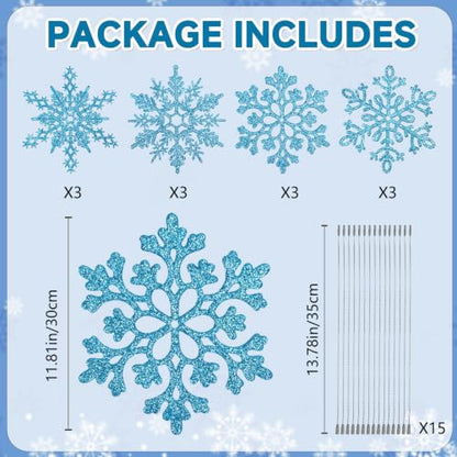 12pcs Large Snowflakes Ornaments Blue 12” Big Plastic Glitter Snowflake for Winter Indoor Outdoor Christmas Tree Window Room Decorations Giant Craft Snowflakes (12 Count)