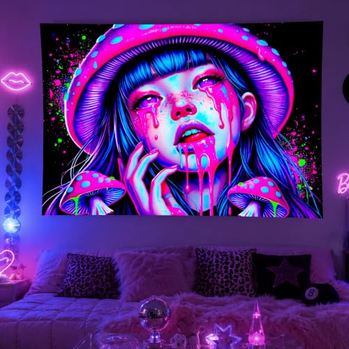 Blacklight Tapestry Girl 78x59 Inch Blacklight Mushroom Tapestry