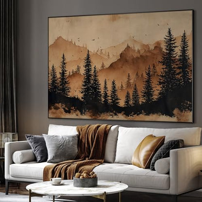36"x46" Extra Large Framed Wall Art Rustic Mountain Pine Forest Silhouette in Warm Earth Tones for Home Living Room Bedroom Decor