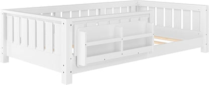 Bellemave Twin Floor Bed with Slats and Safety Guardrail, Twin Size Montessori Floor Bed with Fence and Built-in Bookshelf, Easy Assemble Montessori Beds for Kids, Girls, Boys, White