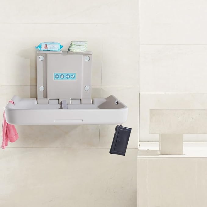 Fold-Down Baby Changing Station Wall-Mount - Modundry Horizontal Baby Change Table with Safety Straps for Commercial Restrooms (White Granite)