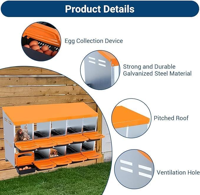 Chicken Nesting Box，10-Hole Nesting Boxes for Chicken Coop with Removable Plastic Egg Tray & Ventilation Holes, Wall Mount/Freestanding Poultry Laying Box for Hens, Ducks & Coops