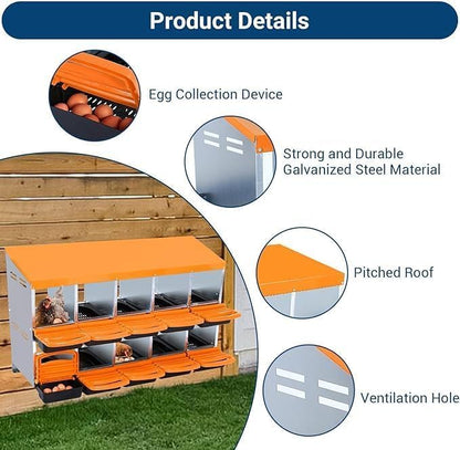 Chicken Nesting Box，10-Hole Nesting Boxes for Chicken Coop with Removable Plastic Egg Tray & Ventilation Holes, Wall Mount/Freestanding Poultry Laying Box for Hens, Ducks & Coops