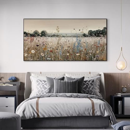 24"x46" Extra Large Framed Wall Art Wildflower Meadow Landscape Soft Pastel Field with Blooming Flowers and Trees Illustration for Home Living Room Bedroom Decor