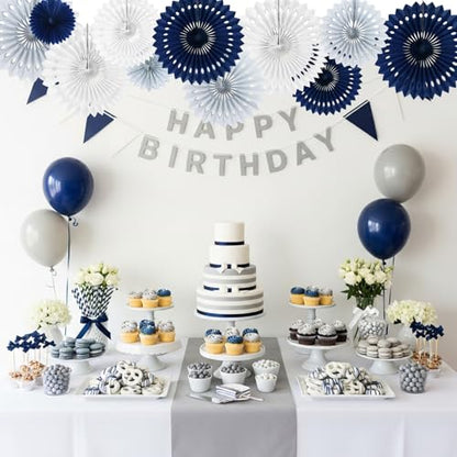 Honeycomb Round Paper Fan Blue Gray White Hanging Party Decoration (11 Count)