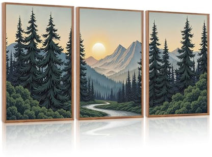 Boho Mountain Sun Forest Framed Canvas Wall Art