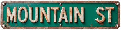 Decorative Tin Sign 16 * 4 Inches for Backyard,"Mountain St" Patio, Ranch - Homestead Vintage Farm Decor