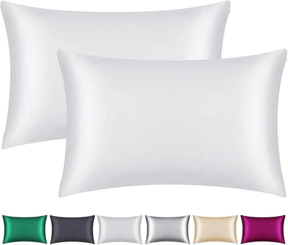 100% Mulberry Silk Pillowcase 2 Pack for Hair and Skin,with Hidden Zipper,Both Sides 22 Momme Natural Silk Pillow Cover,Soft Breathable & Smooth (White, Standard)
