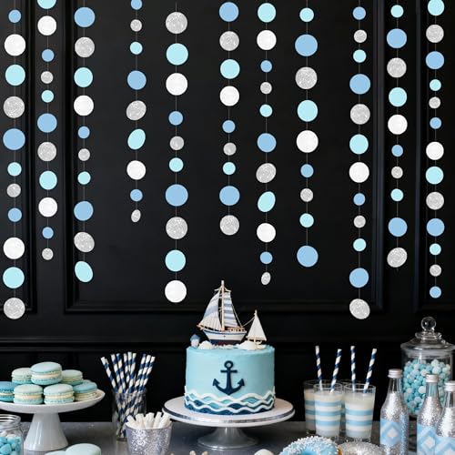 Dusty Blue Silver White Polka Dots Garland Hanging Paper Circle Dot Streamer for Nautical Birthday Wedding Engagement Bridal Shower Retirement Graduation Hen Party Decorations Supplies