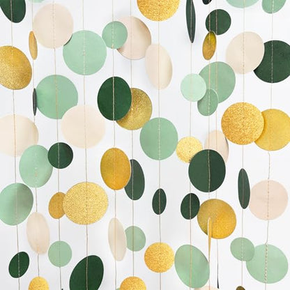 Sage Green Gold Beige Party Polka Dot Garlands Oilve Green Glitter Gold Hanging Paper Circle Dots Streamer for Birthday Wedding Shower Engagement Retirement Boho Safari Party Decorations Supplies