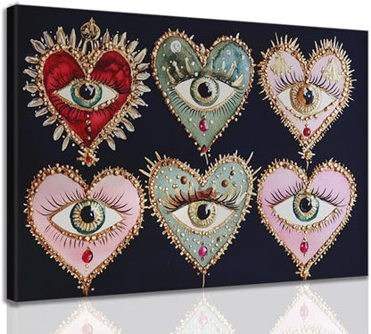Psychedelic Eyes Canvas Wall Art Gothic Maximalist Witchy Art Wall Decor Picture Dark Academia Aesthetic Poster Eclectic Love Heart Jewel Gem Painting Print Artwork for Bedroom Living Room Decorate