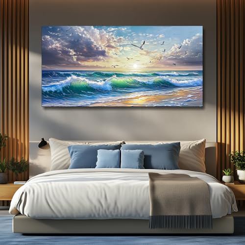 Canvas Wall Art For Bedroom Restaurant Wall Decor For Living Room Modern Office Home Decorations Seaside Landscape Painting Printing Pictures Artworks Poster Mural Ready To Hang 20"X40"