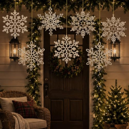 12pcs Large Champagne Gold Snowflakes Ornaments 12” Big Plastic Glitter Snowflake for Winter Indoor Outdoor Christmas Tree Window Room Decorations Giant Craft Snowflakes (12 Count)