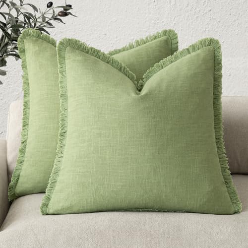 Decorative Linen Fringe Throw Pillow Covers 24×24 Lime Green (2 Count)