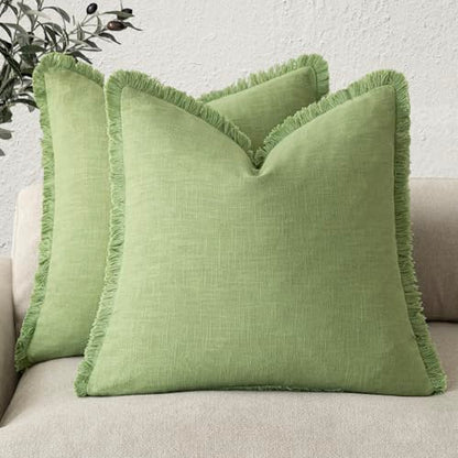 Decorative Linen Fringe Throw Pillow Covers 24×24 Lime Green (2 Count)
