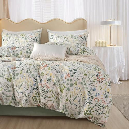 Vintage Garden Floral Comforter Set Queen Soft Fluffy Vibrant Colors Cute Floral Bedding Comforter Boho Aesthetic Queen Bed Comforter with 2 Pillowcases Cottagecore Botanical Flower Comforter Set