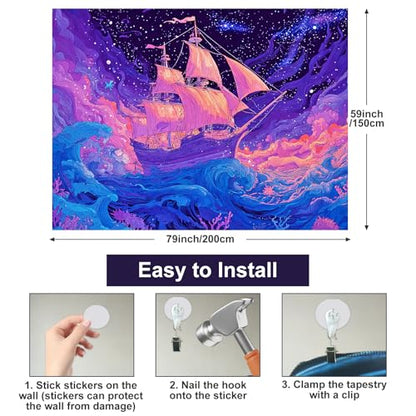 Blacklight Tapestry Ocean Ship Neon Wall Art 78 x 59 Inch